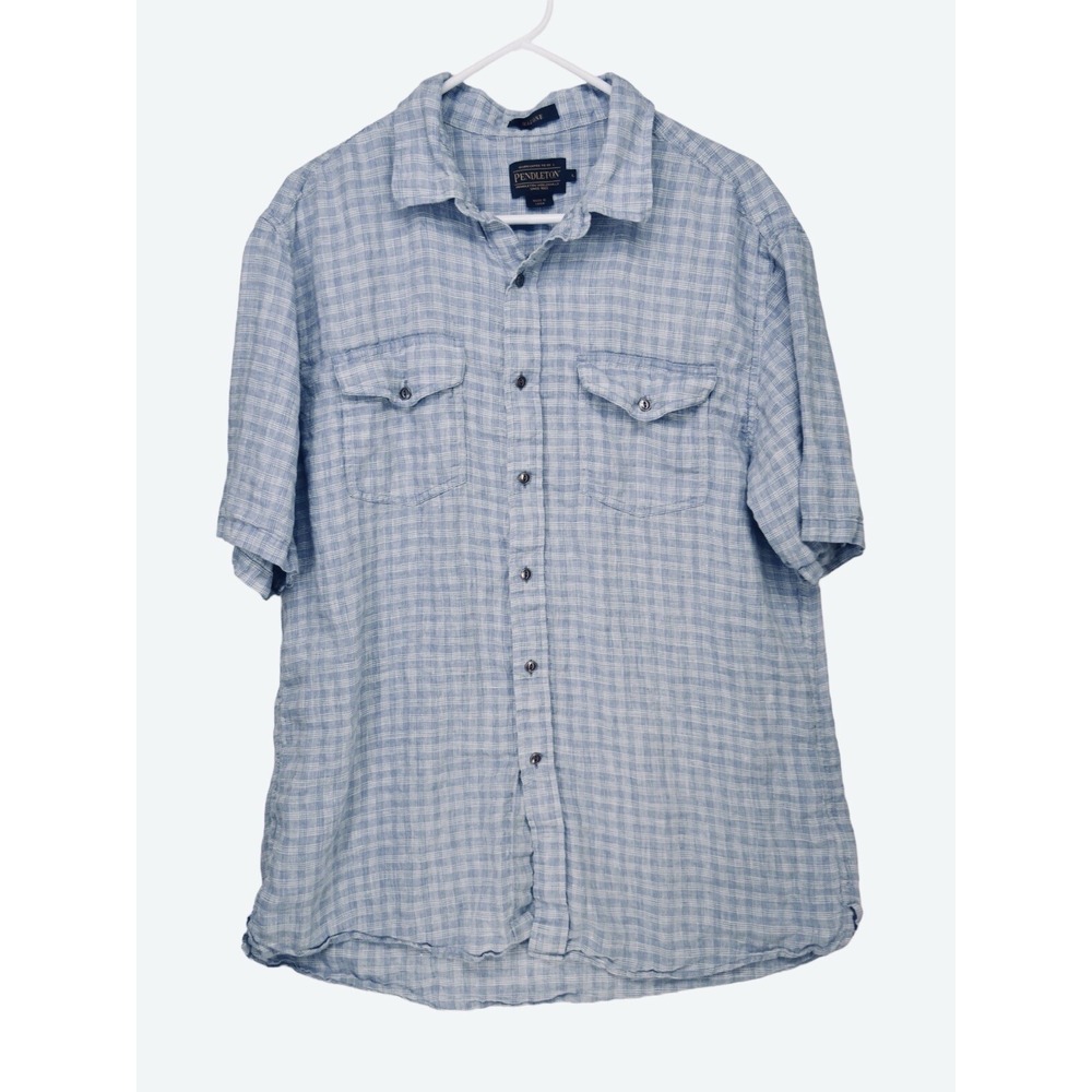 Pendleton Malone LINEN Shirt Men L Plaid Beach Resort Lightweight Short Sleeve